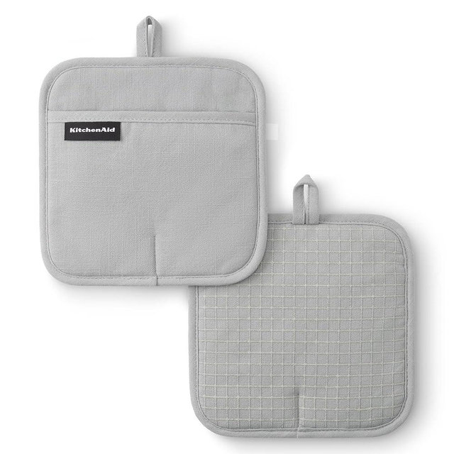 KITCHENAID Gourmet Series Gridlines Pot Holders 2-Pack Set, Heat Resistant up to 600°F, Soft Silicone Grip, Magnetic Cuff, Matte Grey, 8"x8"