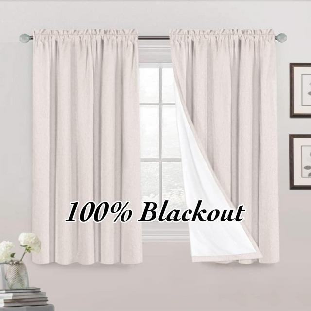 Linen Textured 100% Blackout Curtains for Bedroom Waterproof Room Darkening Window Drapes for Living Room Rod Pocket Drapes Thermal Insulated Curtains 2 Panels with White Liner (52 x 63 Inch, Ivory)