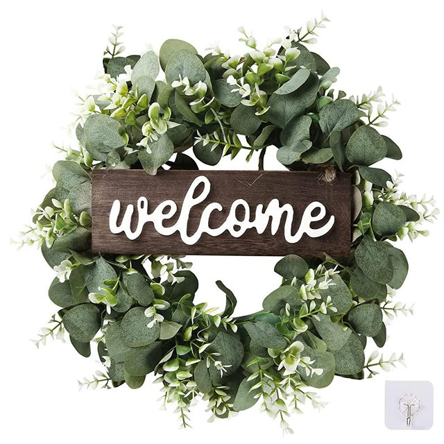 Sggvecsy 17in Artificial Eucalyptus Wreath with Welcome Sign Green Eucalyptus Leaf Wreath Greenery Wreath Round Leaves Wreath for Front Door Wall Window Festival Farmhouse Porch Patio Garden Decor