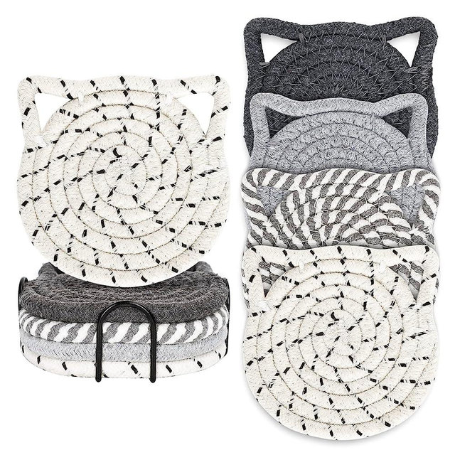Whaline Cat Ears Coaster Set Cat Ear Shape Handmade Braided Cotton Coasters White Grey Non-Slip Absorbent Drink Coasters with Holder for Table Protection Birthday Housewarming Gifts Home Decor, 4Pcs