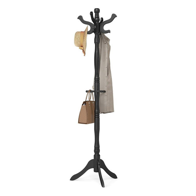 VASAGLE Coat Stand, Solid Wood Freestanding Coat Rack with 11 Hooks, Hall Tree for Bags, Purses, Hats, for Entryway, Hallway, Rubberwood, Ink Black URCR005B01