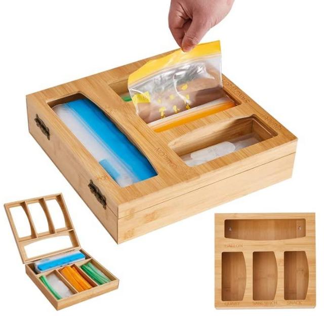 Ziplock Bag Storage Organizer For Kitchen Drawer, Bamboo Baggie Holder, Compatible With Ziploc, Solimo, Glad, Hefty For Gallon, Quart, Sandwich And Snack Variety Size Food Storage Bag