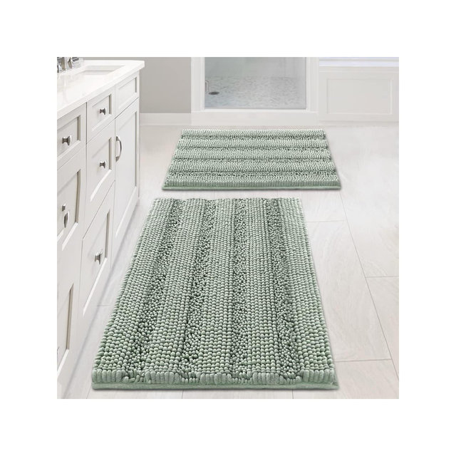 H.Versailtex 2pcs Sage Bathroom Rugs, Bath Mat Set of 2 Extra Thick Chenille Striped Pattern Shaggy Bath Rugs for Bathroom SAGE 32"x20"/24"x17"
