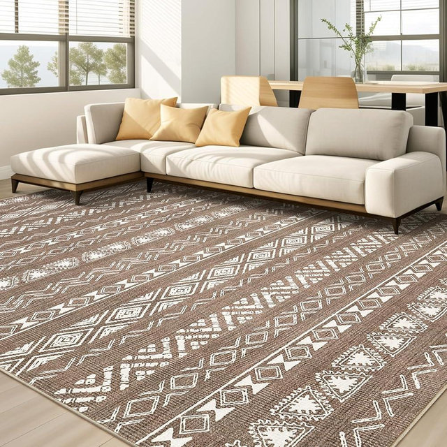 Area Rug Living Room Rugs - 10X14 Washable Boho Farmhouse Bohemian Neutral Large Moroccan Geometric Soft No Slip Indoor Thin Floor Carpet for Bedroom Under Dining Table Home Office -Dark Brown