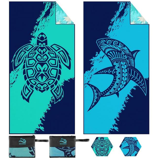 DECOMEN Beach Towel, Microfiber Beach Towels, Oversized Lightweight Quick Dry (73" x 32") Sand Proof, Absorbent, Compact, Beach Blanket, Lightweight Towel for Swimming,Sports,Gym-Sea Turtle&Shark