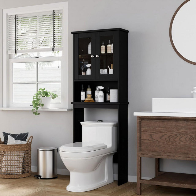 Celebalcony Over The Toilet Storage Cabinet with Double Tempered Glass Doors and Adjustable Shelf Black