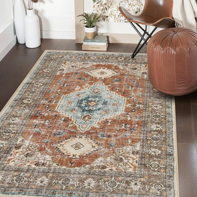 Lahome Oriental Washable Rug, 3x5 Rugs for Bedroom Living Room Entryway, Vintage Ultra-Thin Non-Slip Soft Throw Carpet for Kitchen Office Entrance, Orange/Multi
