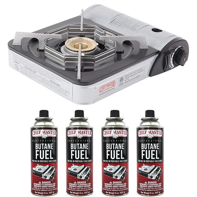 Chef-Master 90011 Portable Butane Stove | 10,000 BTU Outlet | Carrying Case Included | Stove + 4 Fuel Canisters