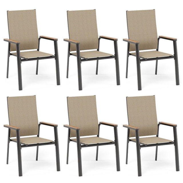 Captiva Designs 6pc Outdoor Dining Aluminum Chairs with Beige Quick-dry Textilene & Wood-like Armrests