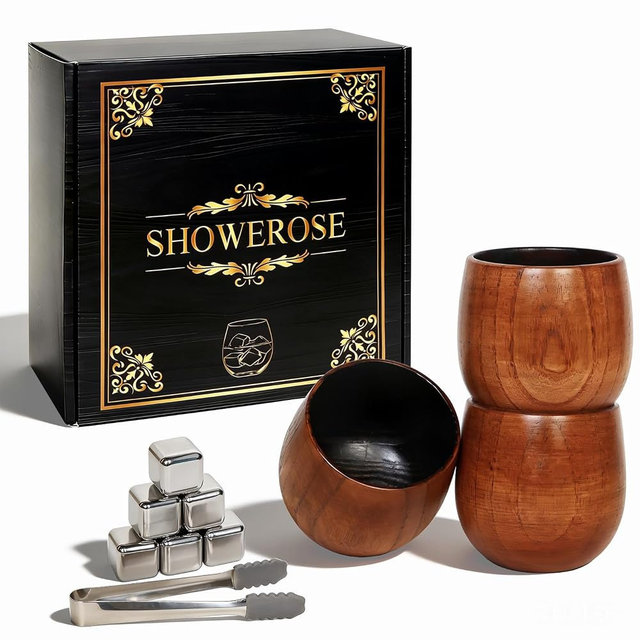 SHOWEROSE Charred Wooden Bourbon Drinking Glasses, 3 Pcs Handcrafted Wooden Whiskey Glass Set, Anniversary Fathers Day Birthday Gifts for Men Dad Him