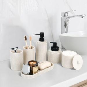 Beige Bathroom Accessory Set - 6 Pcs: Toothbrush Holder, Lotion & Foaming Soap Dispensers, Qtip Holder, Vanity Tray, Bathroom Tumbler - Countertop Organizer