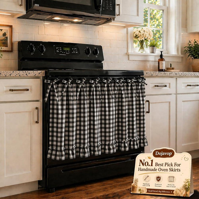 Handmade Oven Skirt Curtain for Door Kitchen Dishwasher Hidden Curtain Tie Top Farmhouse Meadow Skirt Heat-Resistant for Stove Kitchen Décor with Ruffles and Ribbon Ties Heat Resistant (Domino)