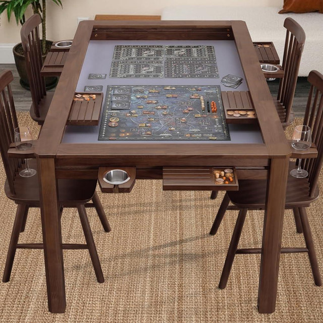 Agreatby Solid Wood Board Game Table for 4–6 Players, Dining & Gaming Table with 57.5" x 33.8" Big Play Area, Removable Top, Neoprene Play Mat, Leaf Storage Rack, 6 Cup Holders & Trays, Walnut
