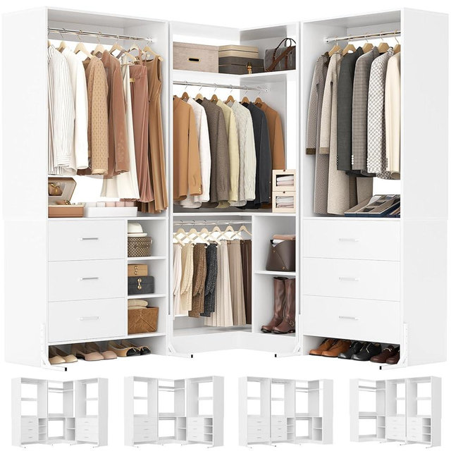 Aheaplus Closet System with 3 Sets, 86.8" Closet Organizer System with 6 Drawers & 4 Hanging Rods, L Shaped Walk-in Closets, Wardrobe Set, Corner Tower, Garment Rack Load 2000+LBS, -X1,White