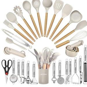 Kitchen Utensils Set- 35 PCs Cooking Utensils with Grater,Tongs, Spoon Spatula &Turner Made of Heat Resistant Food Grade Silicone and Wooden Handles Kitchen Gadgets Tools Set for Nonstick Cookware