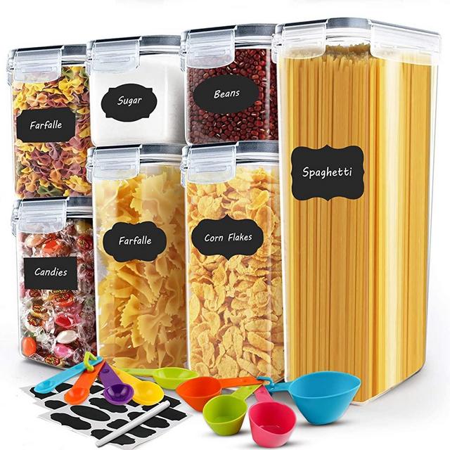 Airtight Food Storage Containers with Lids, EARYA 7 PC BPA Free Plastic Storage Containers, Kitchen & Pantry Organization and Storage Containers for Dry Food, Pasta, Cereal - Labels, Marker, Spoon