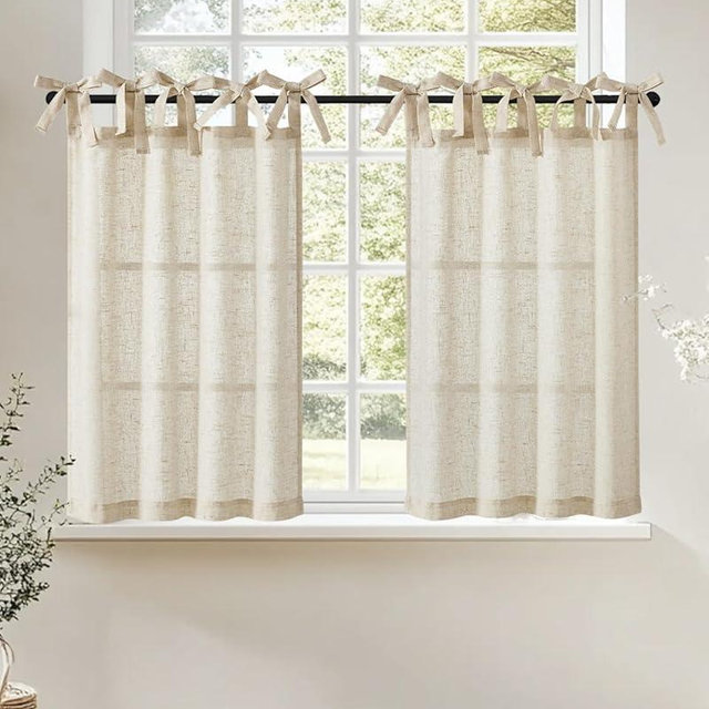 jinchan Tie Top Linen Kitchen Curtains Over Sink 30 Inch Length Tier Curtains Farmhouse Rustic Small Cafe Curtain for Bedroom Living Room Bathroom Half Window Light Filtering Privacy 2 Panels Crude