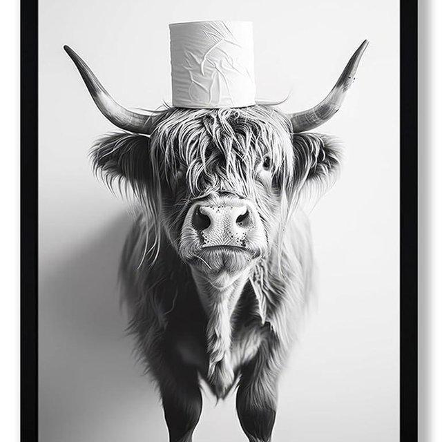 FYLDPSB Framed Black and White Bathroom Canvas Wall Art, Funny Highland Cow with Whimsical Toilet Paper Roll Accent Art Wall Decor, Modern Humor Animal Art Posters Prints Ready to Hang 8x10 Inches