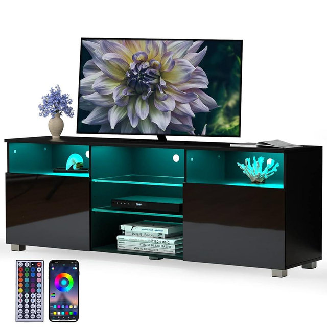 High Glossy LED Black TV Stand for 55/60/65 inch TV,Modern LED Entertainment Center with Adjustable Storage Shelves,Game Console Entertainment Center,TV Table Media Furniture (47inch, Black)
