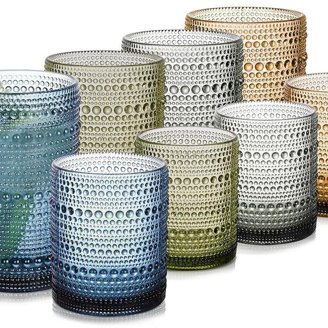 JPPSUJJ Colored Hobnail Drinking Glasses Set of 8，15 oz Vintage Highball Glassess & 12 oz Cocktail Glasses，Drinkware Kitchen Glasses for Cocktail, Iced Coffee, Beer, Ice Tea, Wine, Whiskey, Water