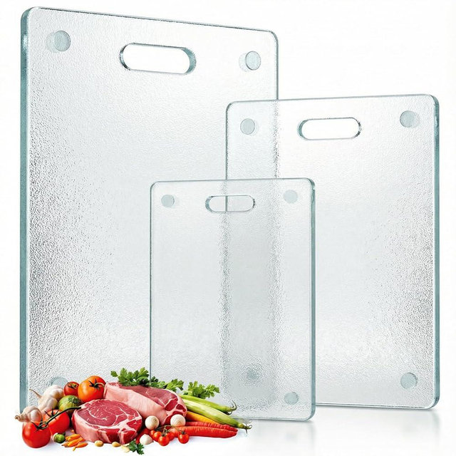 LemonRoad 3 Pcs Tempered Glass Cutting Board with Handle for Kitchen, Clear Chopping Board (8"x12" & 10"x14" & 12"x16"), Scratch Resistant, Heat Resistant, Dishwasher Safe, Non-toxic, Easy to Clean