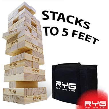 RYG Giant Wooden Toppling Tower, Large Tumbling Timbers Blocks, Wood Stacking Yard Game Jumbo Backyard Set with Carrying Case