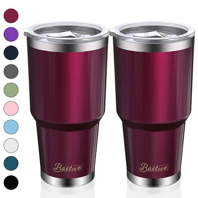 2 Pack 30oz Vacuum Insulated Tumblers, Bastwe Double Wall Stainless Steel Travel Mug with Lid and Straw for Home, Office, School, Works Great for Ice Drink, Hot Beverage (Wine Red)