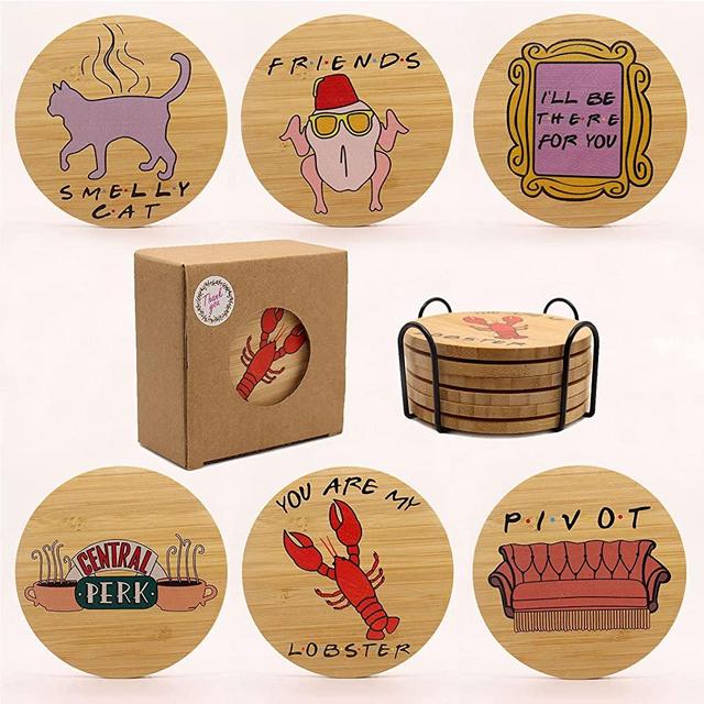 Friends Coasters for Drinks,6 Pcs Wooden Friends TV Coasters Set with Holder,Friends TV Show Merchandise,Friends TV Show Gift Set,Friends Kitchen Decor,Farmhouse Apartment Bar Gifts for Friends