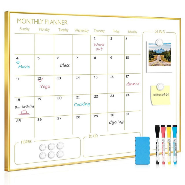 QUEENLINK Magnetic Dry Erase Calendar Board for Wall - 24'' x 18'' Monthly Calendar Whiteboard - Gold Aluminum Frame