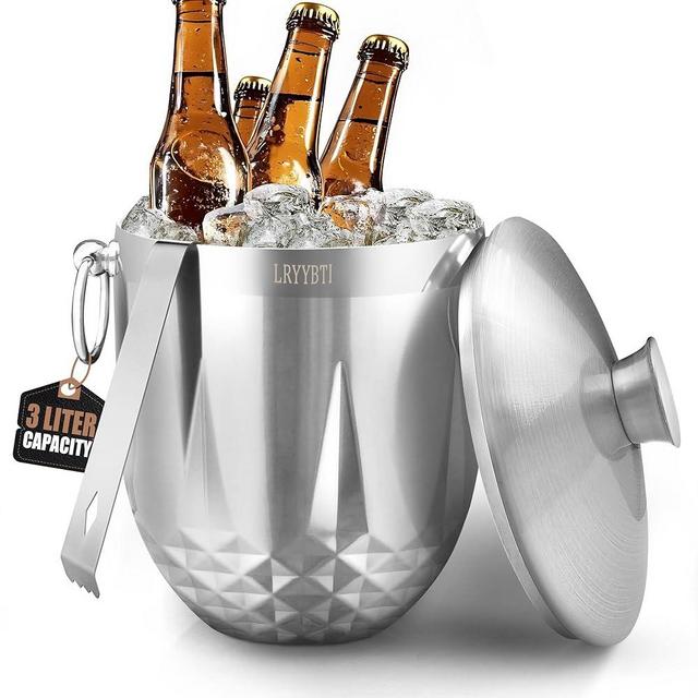 3L Ice Buckets for Parties and Cocktail Bar with Stainless Steel Lid,Tongs & Strainer(Silver) Double-Wall Insulated Metal Ice Bucket Keep Ice Frozen Longer for Outdoor Champagne Ice Container Bin