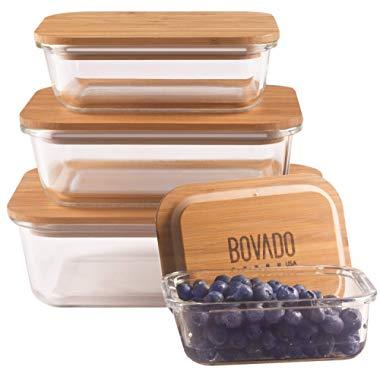 Set of 4 Rectangular Glass Food Storage Containers with Eco-Friendly Bamboo Lids | Multi-Pack Glass Bento Mixing Bowls for Meal Prep, Leftovers, Baking, Cooking & Lunch | BPA-Free Kitchen Items