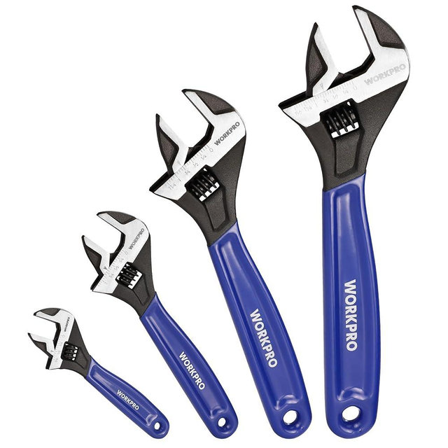 WORKPRO 4-piece Adjustable Wrench Set, 6-Inch & 8-Inch & 10-Inch & 12-Inch Wrenches, Wide Jaw Black Oxide Wrench, Metric & SAE Scales, Cr-V Steel, for Home, Garage, Workshop
