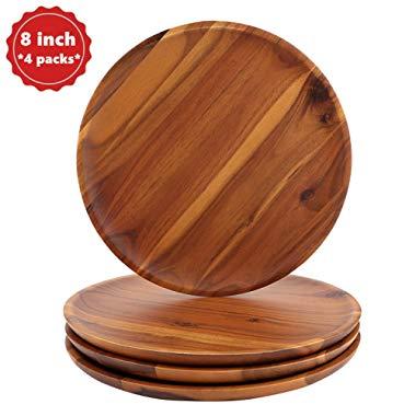 Acacia Wood Dinner Plates, AIDEA 8 Inch Round Wood Plates Set of 4, Easy Cleaning & Lightweight for Dishes Snack, Dessert, Unbreakable Classic Charger Plates