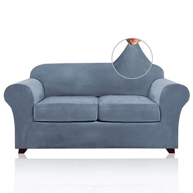 3 Pieces Sofa Covers Stretch Velvet Couch Covers for 2 Cushion Sofa Slipcovers Soft Sofa Slip Covers with 2 Non Slip Straps Furniture Covers with 2 Individual Seat Cushion Covers (Medium, Stone Blue)