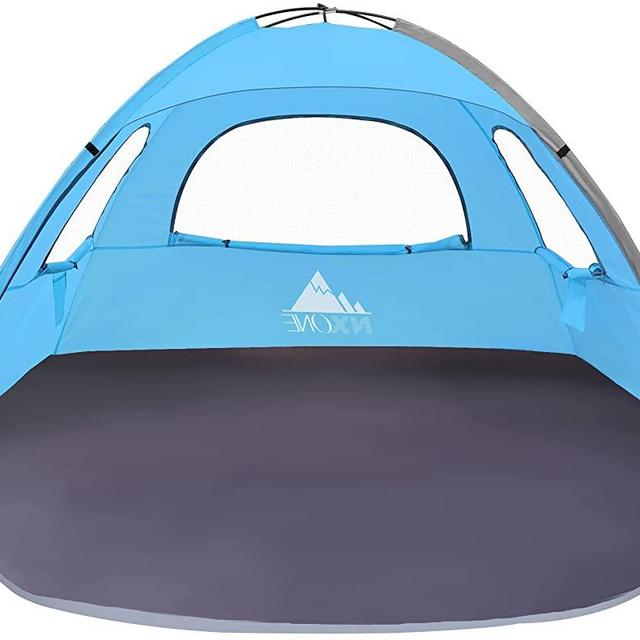 NXONE Beach Tent Sun Shade Shelter for 2-3 Person with UV Protection, Extended Floor, 3 Mesh Roll Up Windows & 8.0mm Fiberglass Rods丨Carry Bag, Stakes, Guy Lines Included (Ocean Blue)