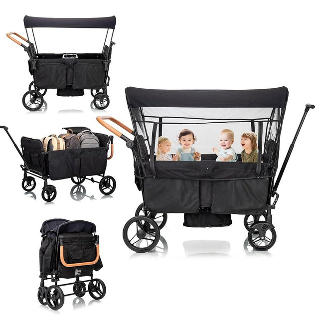Stroller Wagon for 4 Kids Seated-Tandem Fold Stroller Push-Pull Lightweight Travel Trolley with 5-Point Harness,Adjustable Handle and Canopy,Mosquito Net,Footwells,Child Tray,Cup Holder,Storage