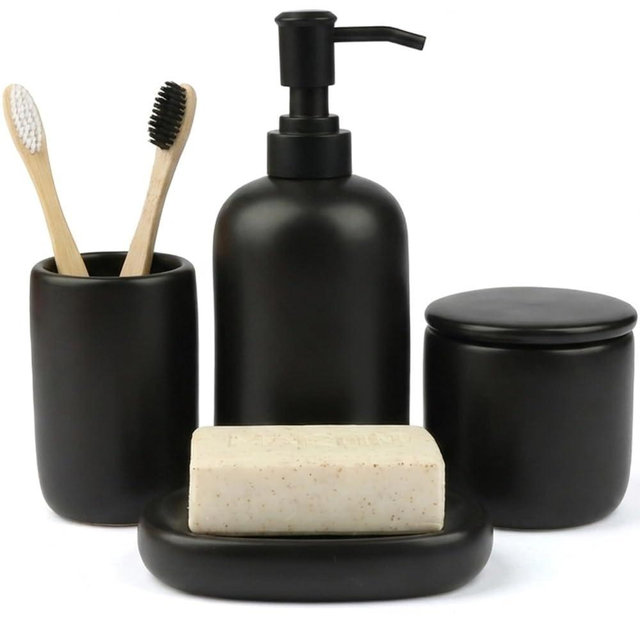 Ceramic Bathroom Accessories Set 4 Pcs – Modern Scandinavian Neutral Bathroom Soap Dispenser Set with Toothbrush Holder, Soap Dish & Cup – Minimalist Bathroom Accessory Set Decor - Black