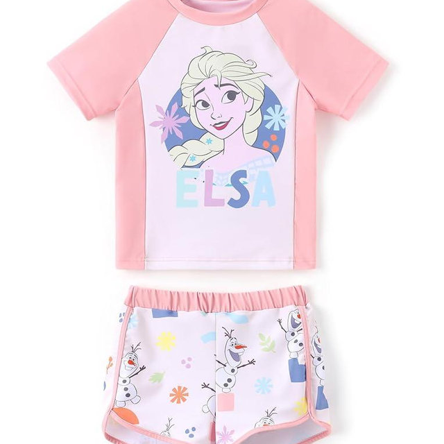 Disney Frozen Elsa Princess Girls Two Piece UPF 50+ Protection Quick-Dry Short Sleeve Swim Sets Rashguard Bathing Suit