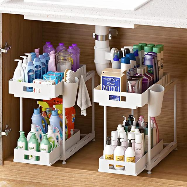 NYYTGE Double Sliding Under Sink Bathroom Organizer, 2 Pack Under Sink Organizers and Storage, Pull Out Kitchen Cabinet Organizer, Under Cabinet Storage Racks for Home Kitchen Organization