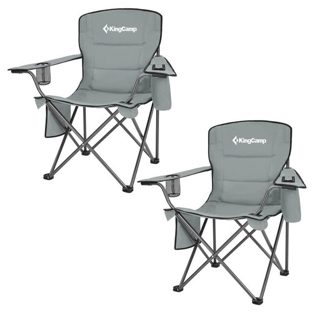 KingCamp Padded Folding Lounge Chairs with Built-In Cupholder, Insulated Cooler Sleeve, and Side Storage Pocket for Indoor & Outdoors, Grey