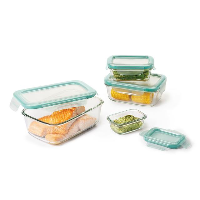 OXO 11179400 Good Grips Smart Seal Leakproof Glass Food Storage Container Set,Clear,8 Piece Rectangle
