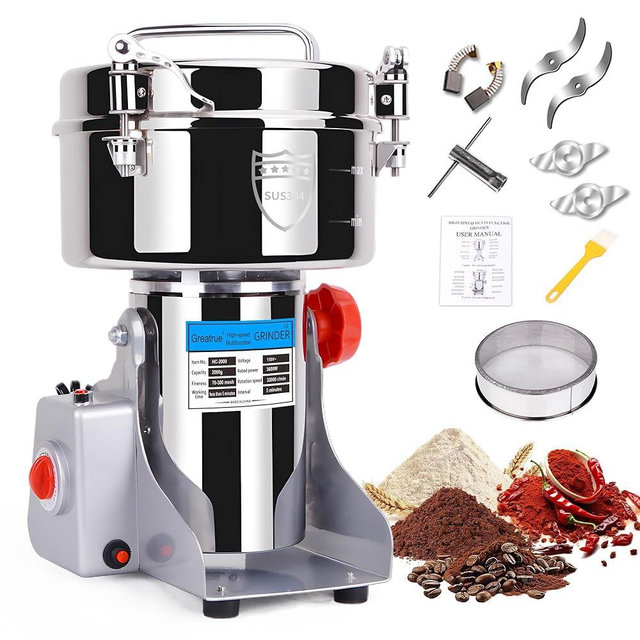 Greatrue 2000g Electric Grain Mill Grinder, 304 Stainless Steel Flour Mill, 3600W High Speed Spice Grinder, Electric Grain Mill for Dry Wheat, Oats, Corn, Pepper and Coffee Beans