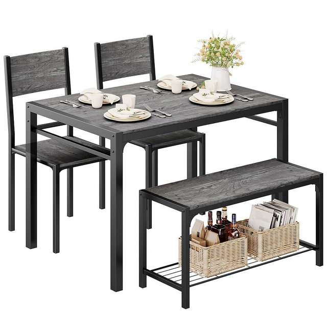 Shahoo Kitchen Table and 2 Chairs for 4 with Bench, 4 Piece Dining Sets for Small Space, Grey