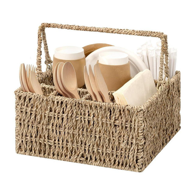 StorageWorks Wicker Silverware Organizer with Handle, Seagrass Kitchen Utensil Holder, Large Utensil Holder for Kitchen Counter, Spoon Forks Knife Cutlery Caddy, Paper Plate Dispenser for Countertop