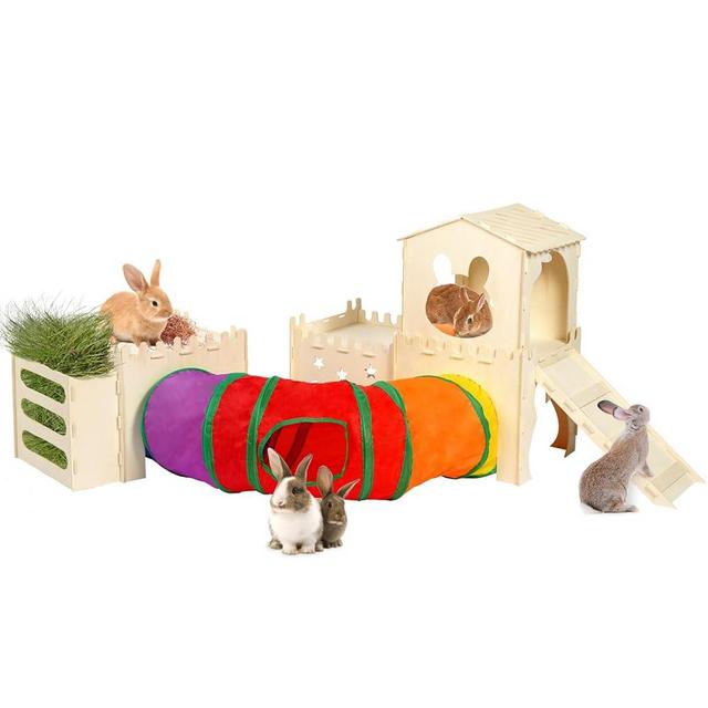 Extra Large Wooden Rabbit Hideout with Tunnels and Hay Feeder - Multistory Bunny Castle with Stairs, Climbing Tower and Sturdy Habitat for Indoor Bunnies, Guinea Pigs, Chinchillas Small Animal
