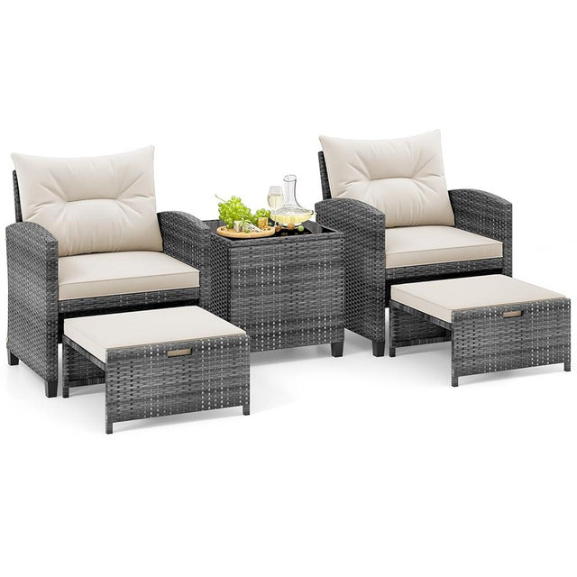 Tangkula 5 Pieces Patio Conversation Set, PE Wicker Rattan Outdoor Furniture Set with 2 Chairs, 2 Ottomans & Tempered Glass Coffee Table, Ideal for Poolside, Backyard, Lawn, Deck, Mix Grey & Off White