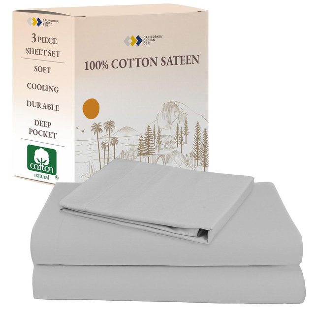 Soft 100% Cotton Sheets Set - Durable Sateen, Deep Pocket - by California Design Den - Light Gray, Twin Extra Long