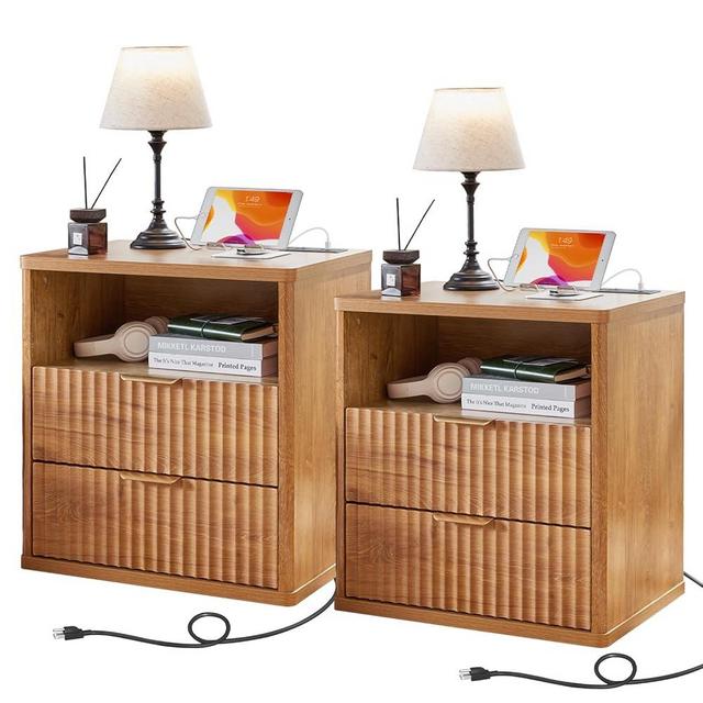 LEYAOYAO Fluted Farmhouse Nightstand Set of 2 with Charging Station, 23" Wide 2 Drawers End Table,Brown Dresser for Bedroom,Bed Side Table Chest of Drawers Cabinet,Wood Night Stand for Living Room