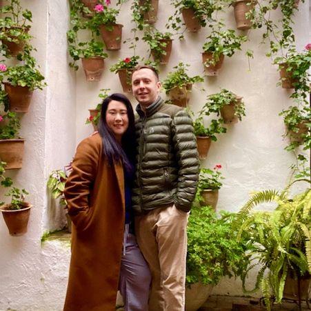 Searching for pretty gardens in Cordoba, Spain. This was our first big trip together. We loved it!