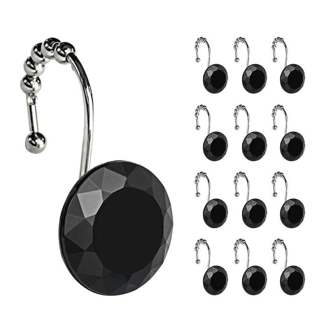 Sunlit Luxury Design Round Black Diamond Crystal Gem Bling with Glide Balls Shower Curtain Hooks, Rust Proof Metal Rhinestones Glam Shower Curtain Rings-12 Pack